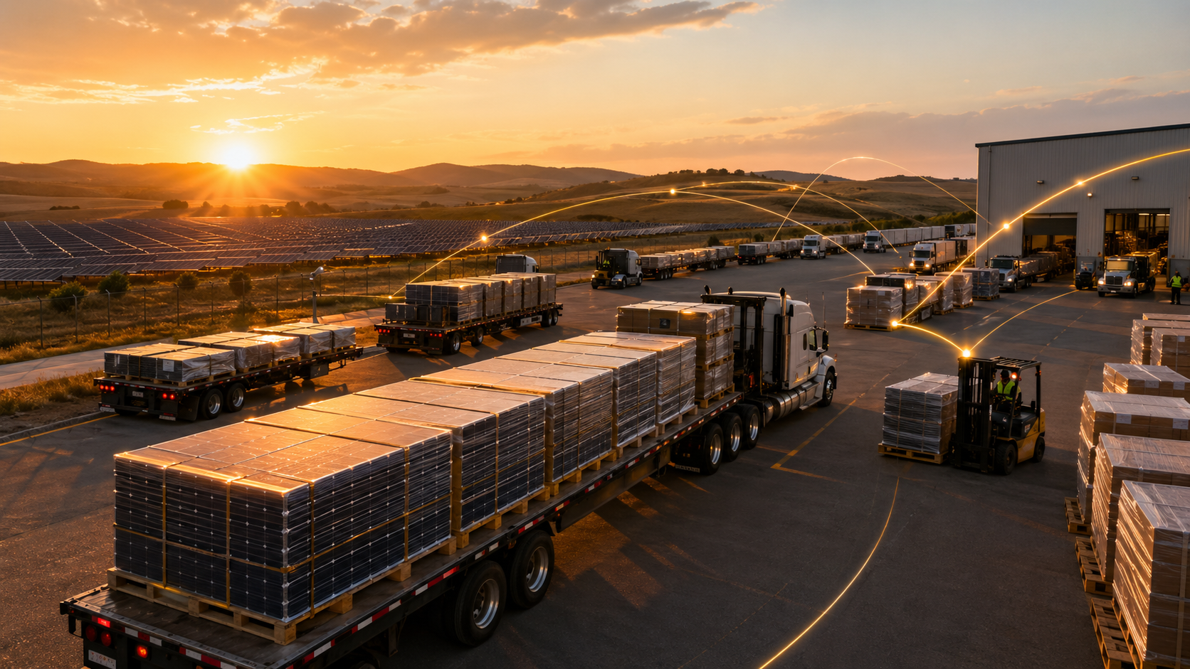 Utility-scale solar logistics staging yard with flatbed trailers and route overlays